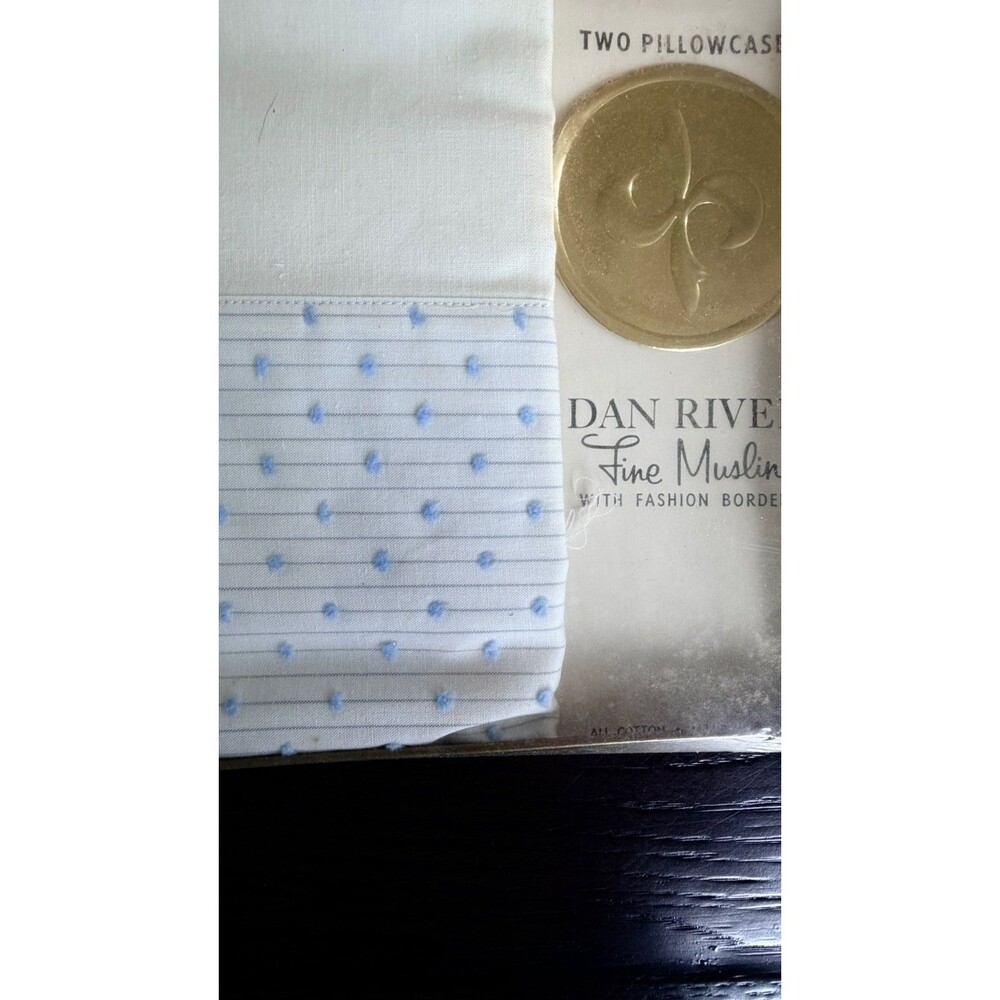 VTG Dan Rivers Pillowcases Blue Embroidered Starburst Box MCM NOS Estate
